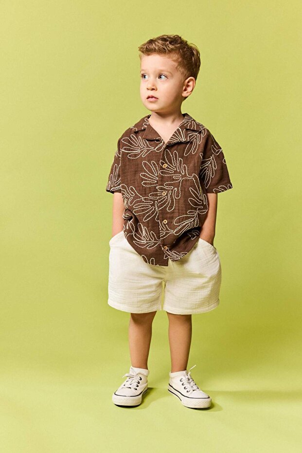 Embroidered Muslin 2-Piece Light Brown Set for Baby Boy H7637A526Hs