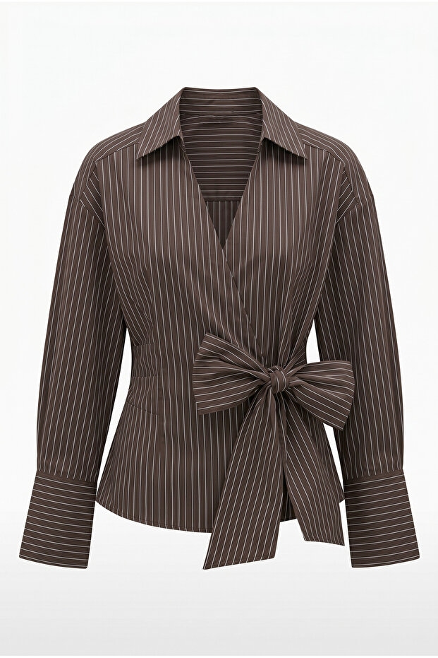 Women's Double-Breasted Tie-Down Striped Shirt Ru-1089