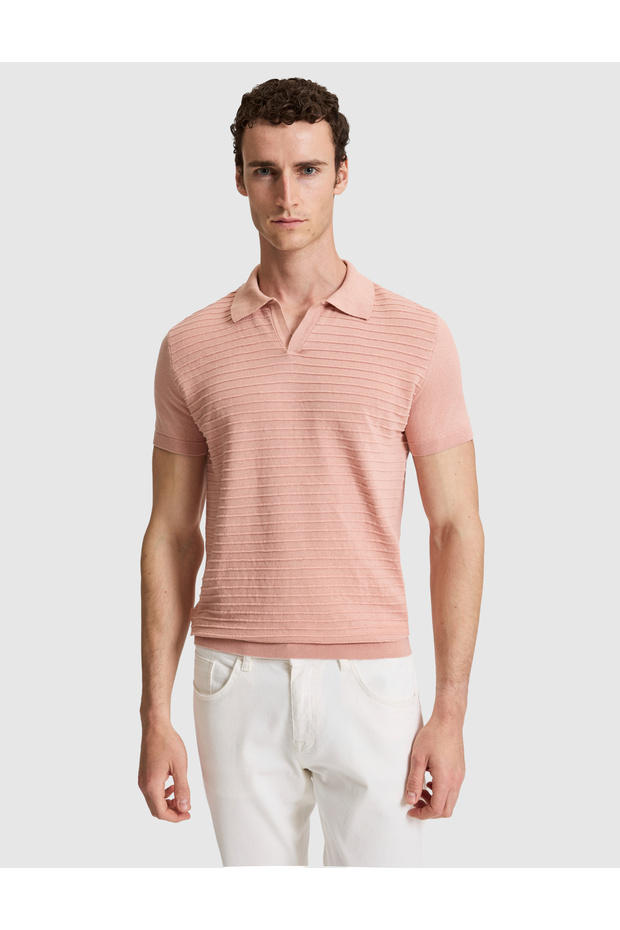 Salmon Slim Fit Linen Blend Lapel Collar Knitwear T-Shirt 50320799-Vr047