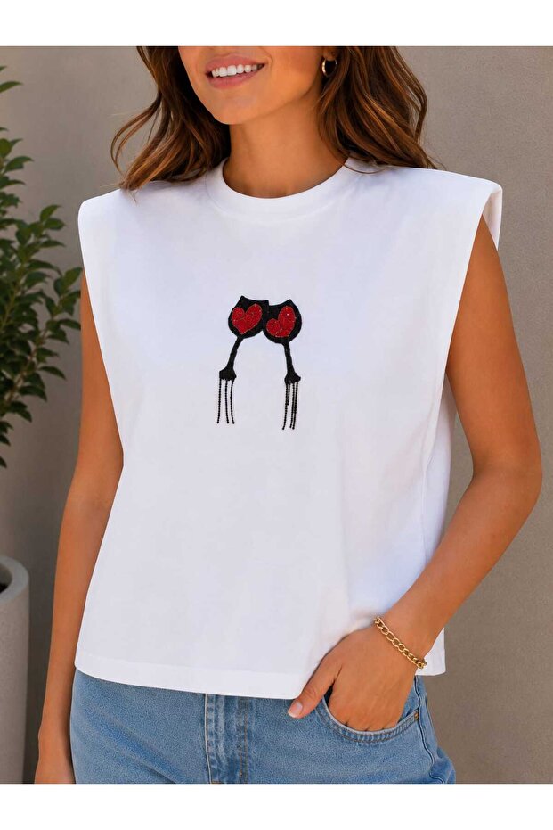 White Padded Stone Embroidered T-Shirt