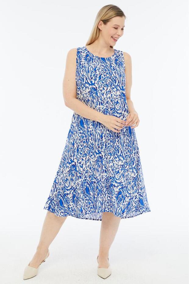 Fashion | Plus Size Blue Wave Patterned Summer Dress | 100% Viscose | Flowing | Daily Comfortable | M