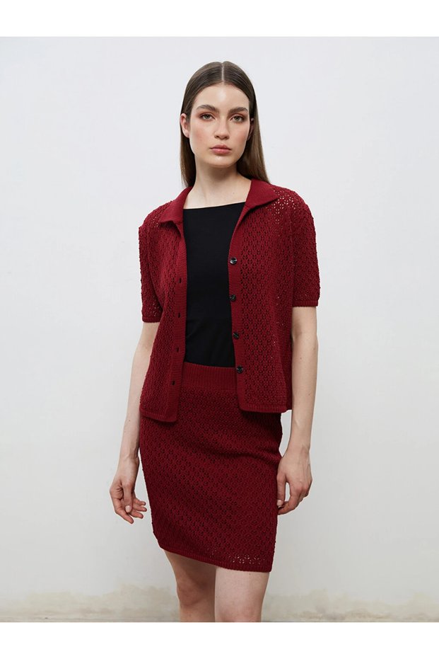 Burgundy Shirt Collar Openwork Women's Knitwear Cardigan