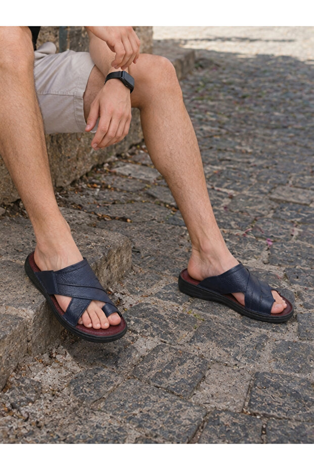 Men's Genuine Leather Slippers with Toe Loop, Cross Straps, Soft Sole, Navy Blue