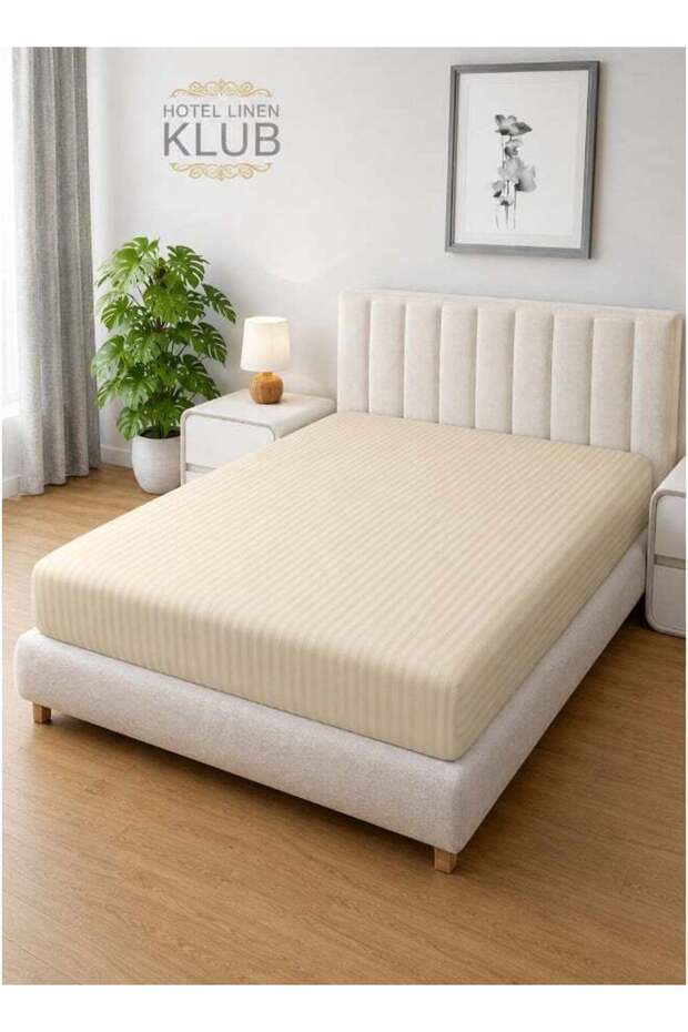 1-Piece Microfiber Fitted Sheet Striped, Color Beige, Design Soft Fabric Deep Pocket Elastic Edge