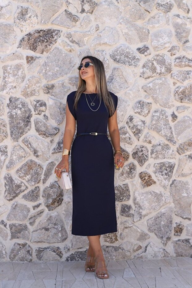 Navy Blue Straight Cut Slim Belted Dress