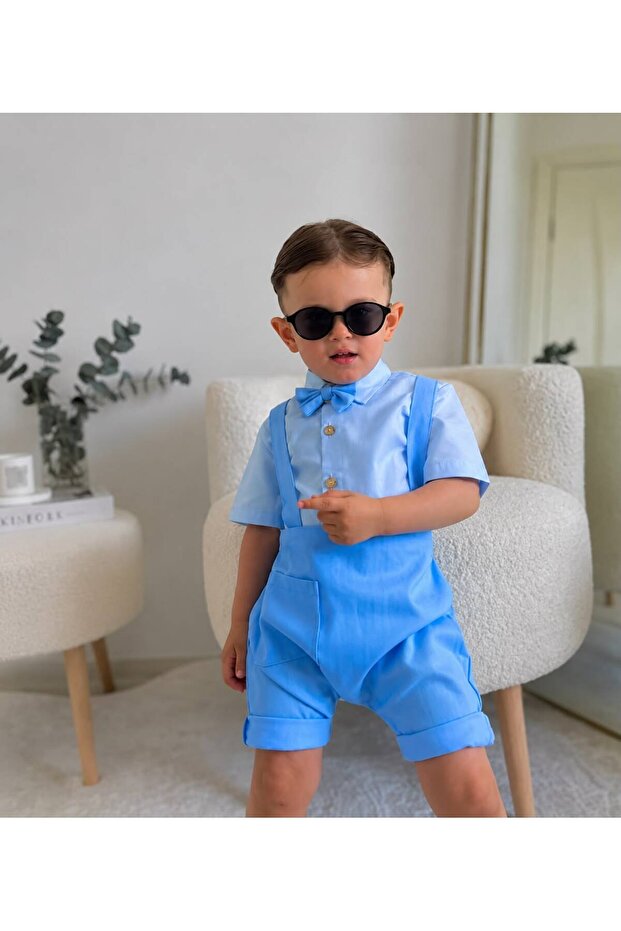 Boy's Short Baby Blue Shirt Bow Tie Suspender Salopet Set