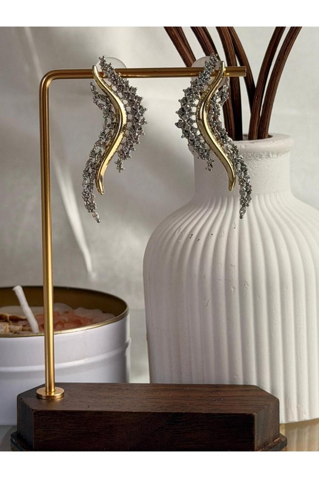 Women's Steel Zircon Stone Branch Shape Design Gold Earrings