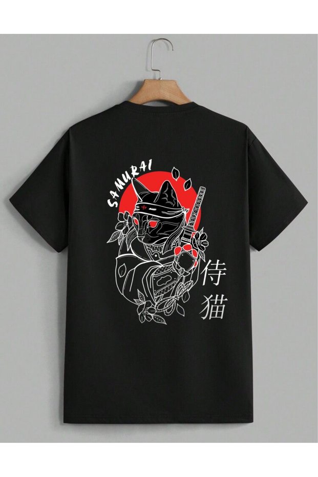 Unisex Samurai Cat Back Printed Black T-Shirt 100% Cotton Regular Fit Crew Neck Japanese Anime Graphic Design T-Shirt
