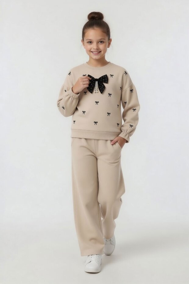 Beige Bow Detailed Elastic Waist Girls' Tracksuit Set 24543