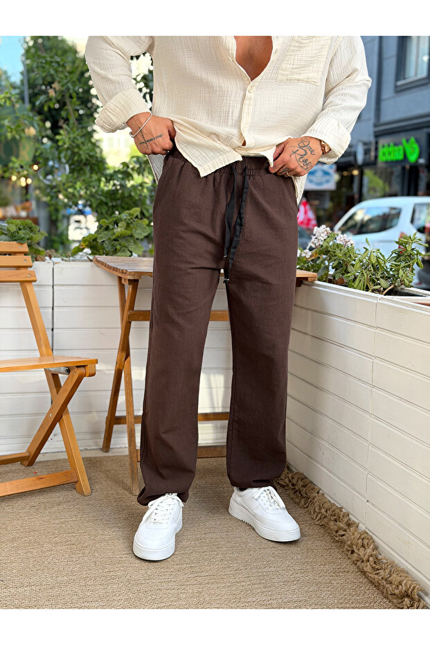 Basic Baggy Linen Trousers Brown