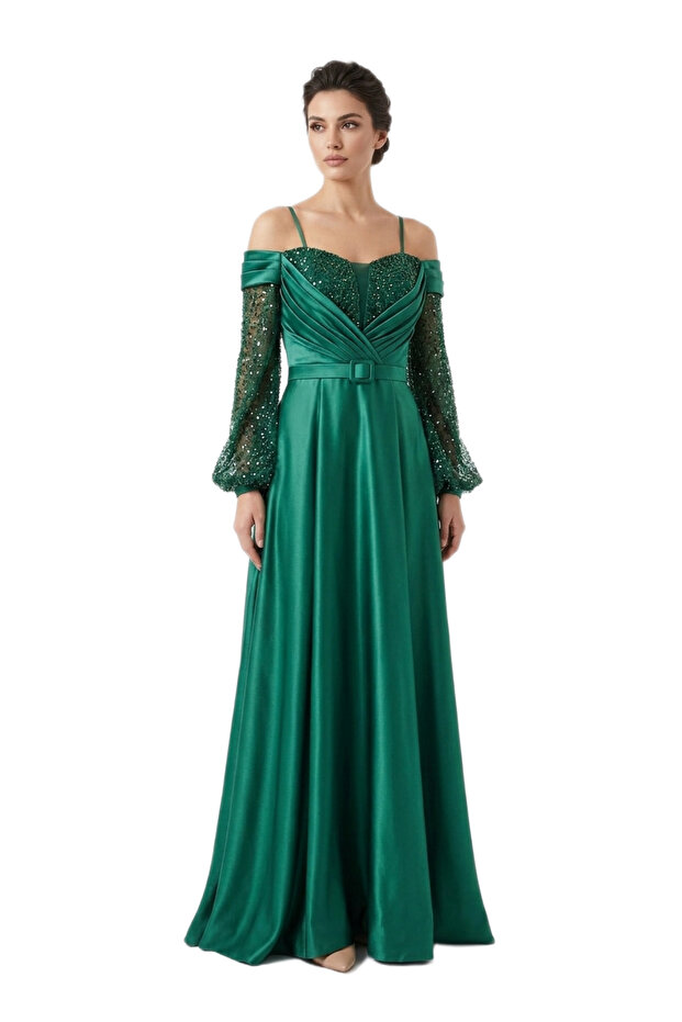 Sequin Bustier Balloon Sleeve Satin Evening Dress