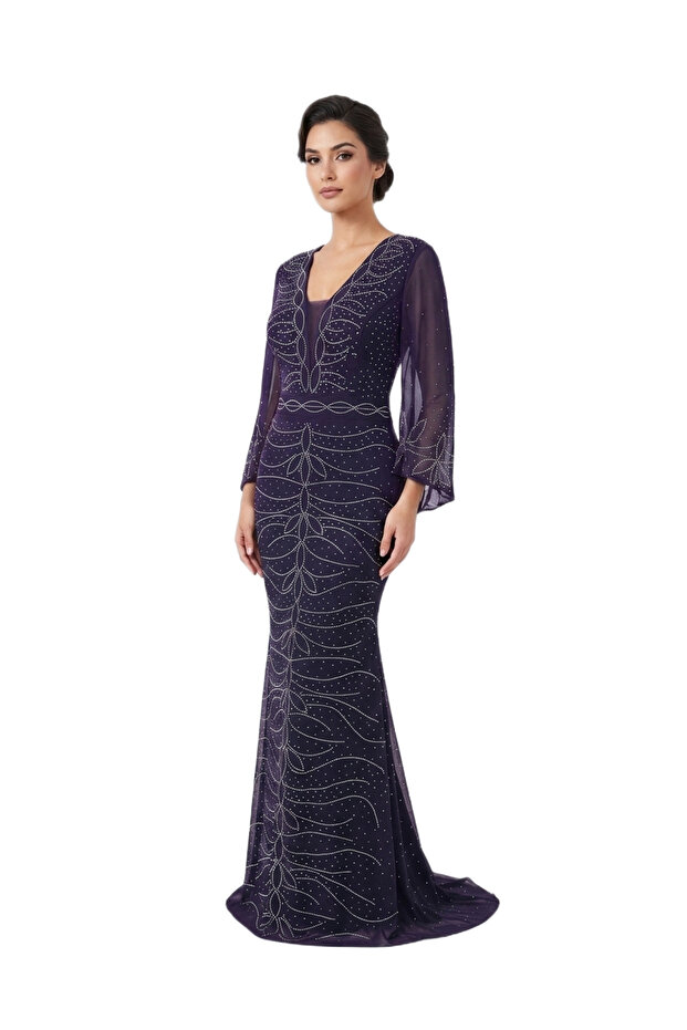 Ivy Sparkle V-Neck Stoned Fish Evening Dress