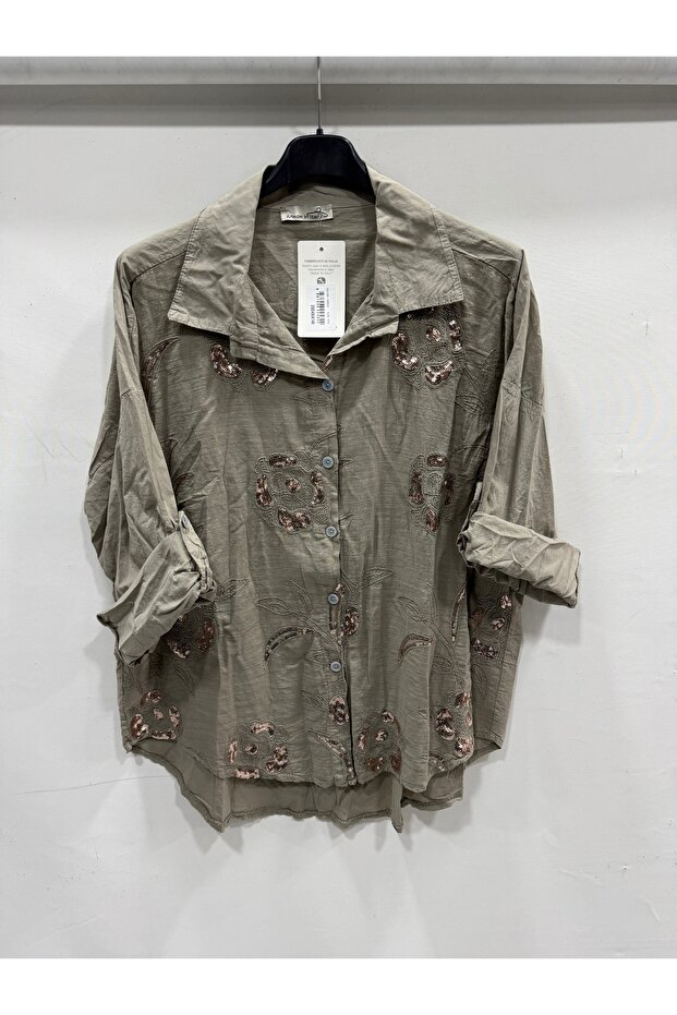 Women's Mink Italian Plus Size Floral Embroidery Sequin Embroidered Foldable Long Sleeve Shirt 42 - 48 Size