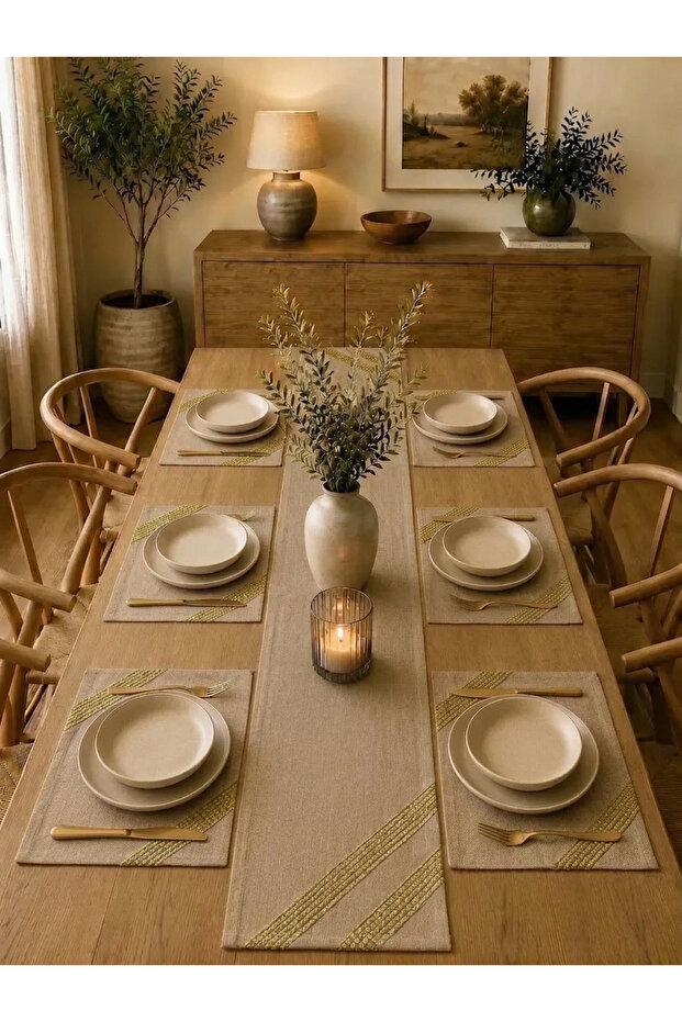 Linen Etamin Fabric with Gold Embroidery, 1 Table Runner and 6 American Placemats