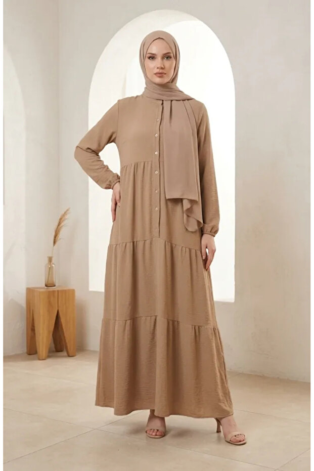 Aerobin Fabric Buttoned Layered Hijab Dress 4124-08 Beige