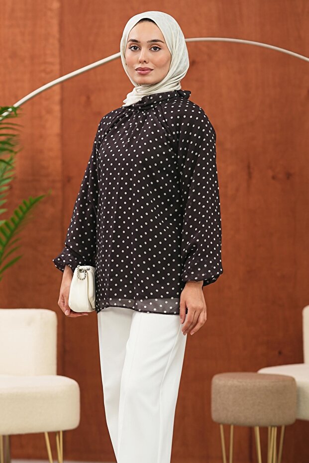 Brown Polka Dot Balloon Sleeve Chiffon Blouse