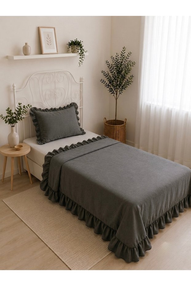 İnci Vintage Ruffled Anthracite Gray Smoked Bedspread Single Size
