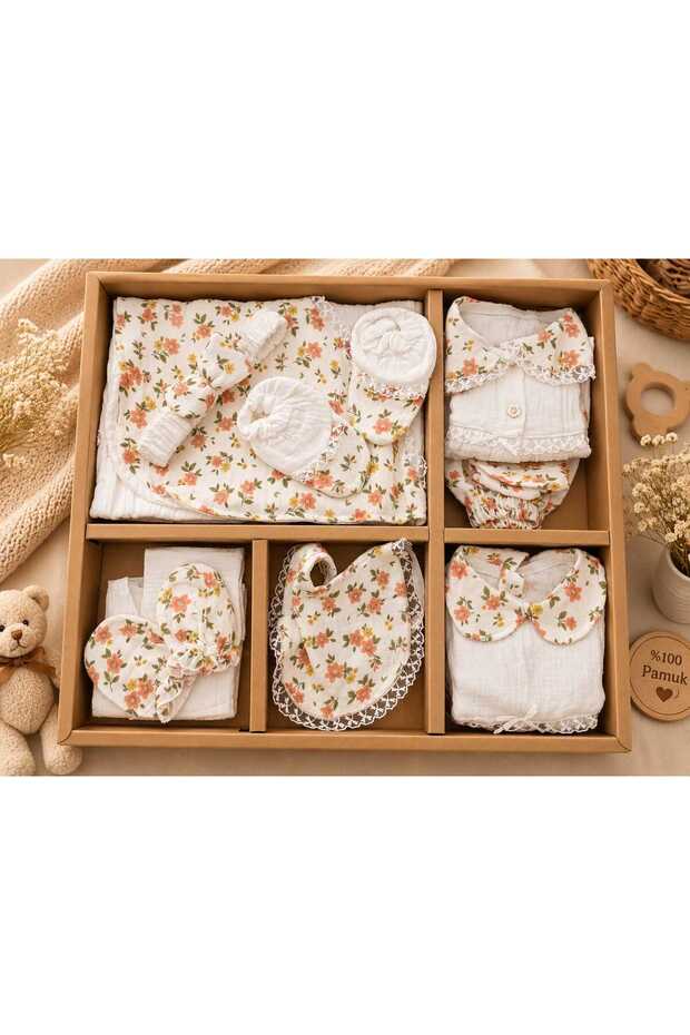 Unez Muslin Floral Patterned 10-Piece Baby Girl Hospital Discharge Set