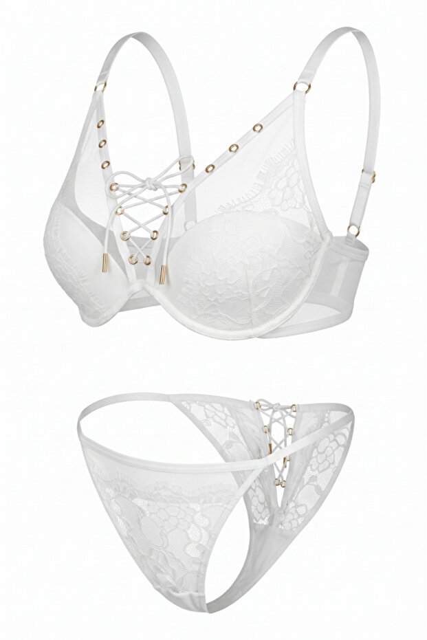 Vespera Lucien - Ecru, Lace and Lacing Embellished Bra and Panty Set