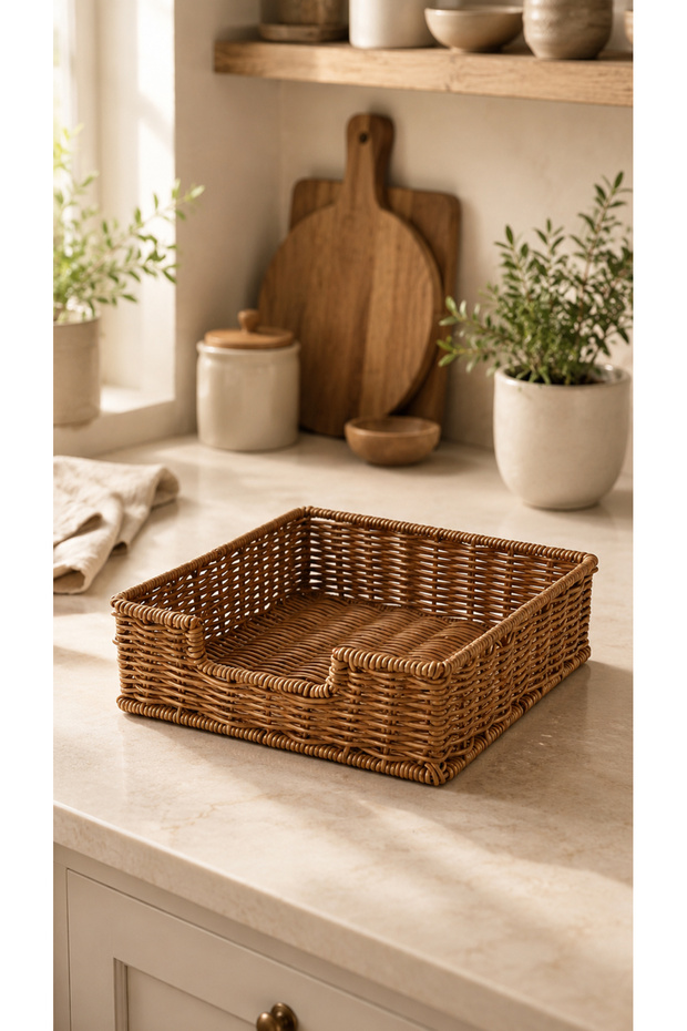 Square Napkin Holder Wicker Rattan - High-Quality Steel Wire Wicker - Napkin Holder Tissue Towel Holder - Both Decorative and Practical