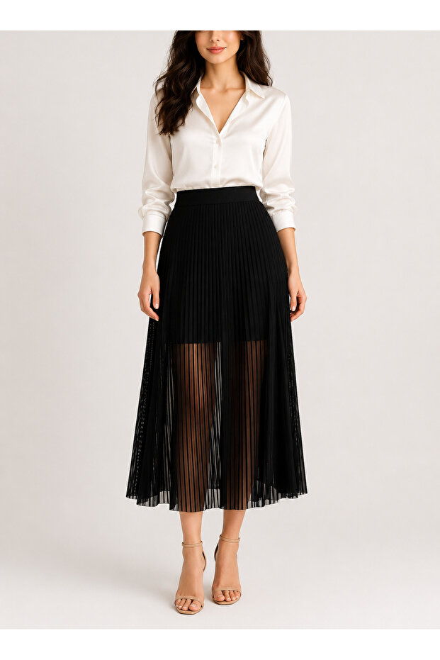 Elastic Waist Striped Lace Short Lining Six-Piece Flared Skirt
