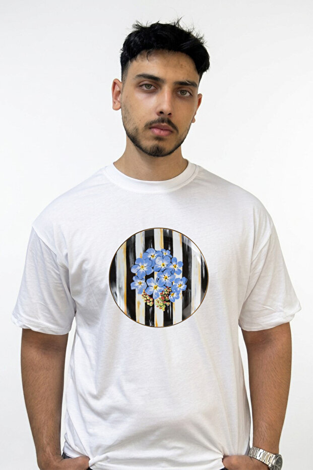 Forget Me Not Design Printed Oversize White T-Shirt