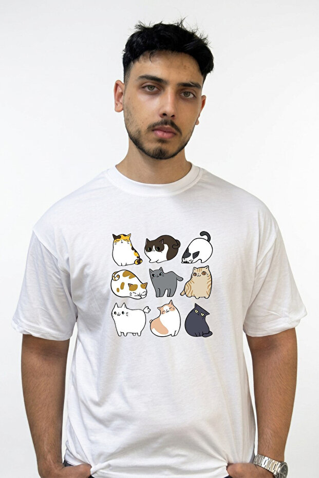 تي شيرت أبيض كبير الحجم مطبوع بتصميم Cizim Cats