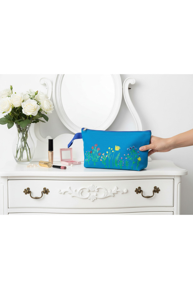 Blue Wildflower Hand-Painted Canvas Pouch