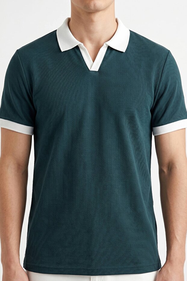 Men's Green Jacquard Polo Collar Cotton T-Shirt