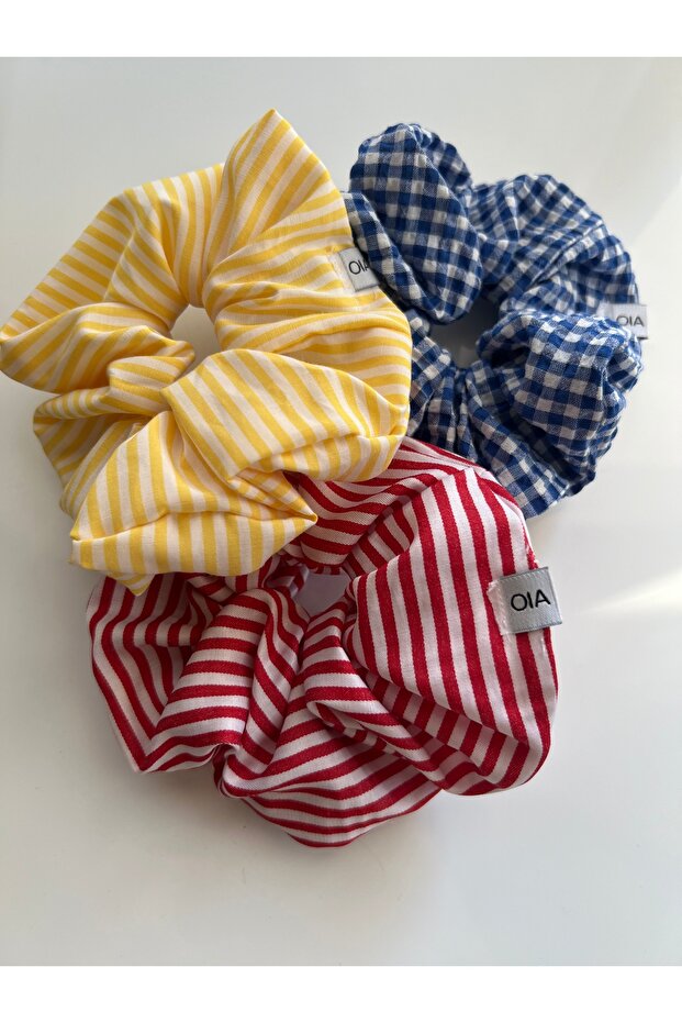 مجموعة أربطة شعر OIA Timeless Scrunchie Set Lastik Toka Basic 2026 باللون الأحمر والأصفر والخطوط الزرقاء والبلوتيكاري