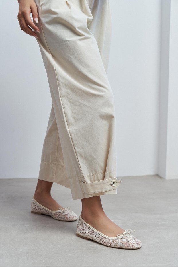 Magni Beige Lace Embroidered Bow Detail Women's Ballerinas