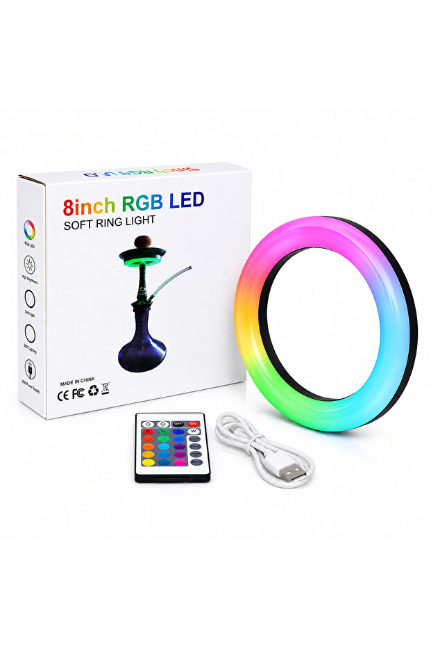 8 Inch RGB LED Soft Ring Light for Hookah - USB Powered with Remote Control, 360° Ambient Lighting