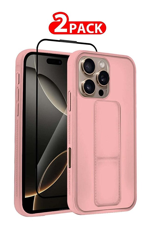 2-Pack Premium PU Leather Case & Screen Protector for iPhone 16 Pro Max – Shockproof, Anti-Scratch, Stand Function, Finger Grip Case Cover (Pink)