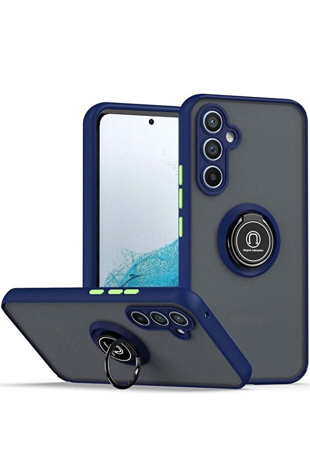 Shockproof Galaxy A14 5G Case with Rotational Metal Ring Kickstand – Anti-Fingerprint Hard Back, Magnetic Car Mount Compatibility (Blue/Grey)