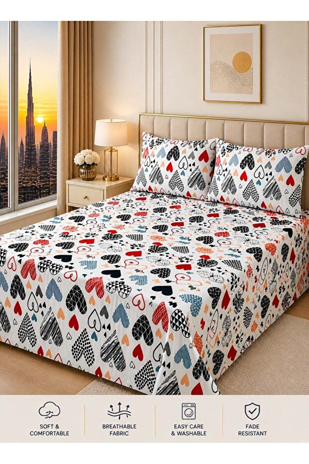 Quen Size White Multi-Heart Print Bedsheet Set 3PCS – 125 GSM Soft Breathable Fabric, Fade Re