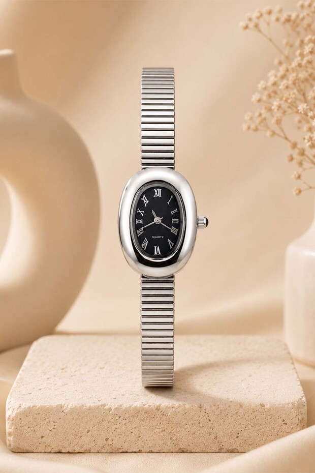 Saudade Women's Silver Oval Case Wristwatch with Navy Blue Dial Roman Numerals Minimal Steel Flexible Cord Watch 2026