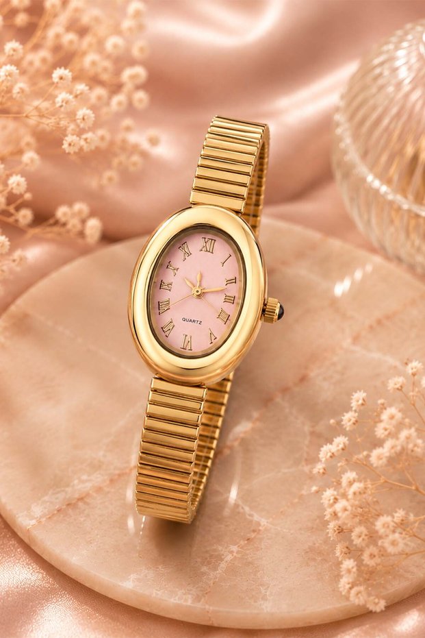 Saudade Women's Gold Oval Case Wristwatch with Powder Pink Dial, Roman Numerals, Minimal Flexible Steel Band Watch 2026