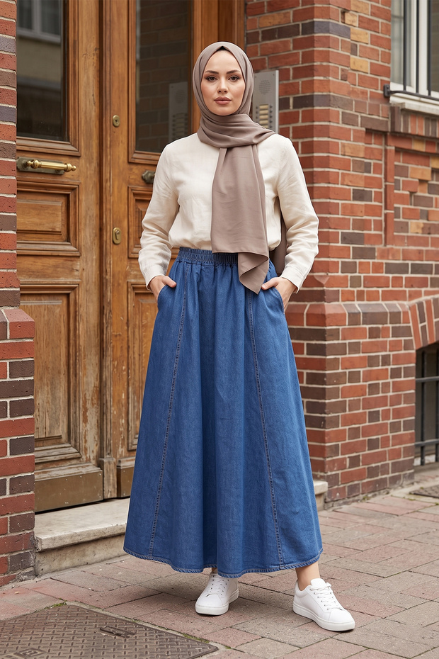Elastic Waist Pocketed Denim Skirt - Indigo