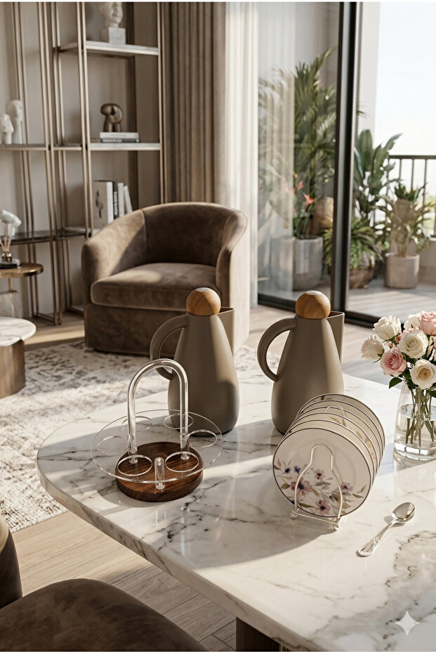 طقم ضيافة فاخر مكون من طقم ترامس شاي وقهوة مع أطباق تقديم وحامل فناجين بتصميم أنيق وعصري