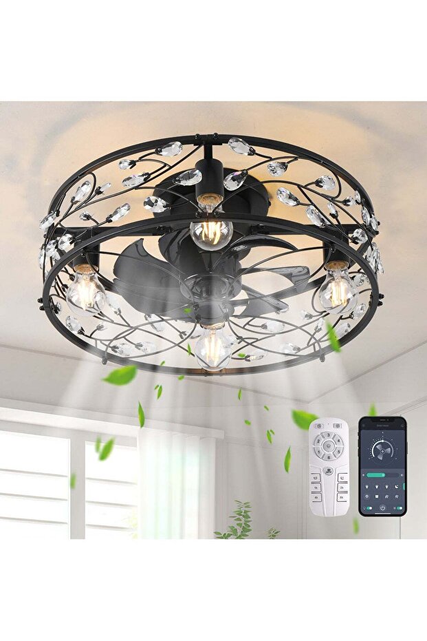 20 inch Caged Ceiling Fan with Lights & Remote, Crystal Chandelier, Bladeless Black Fandelier