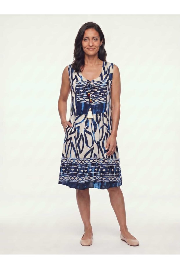 Women's Midi Dress Sleeveless Pocketed Viscose Ethnic Patterned Lace-Up Tasseled Indigo