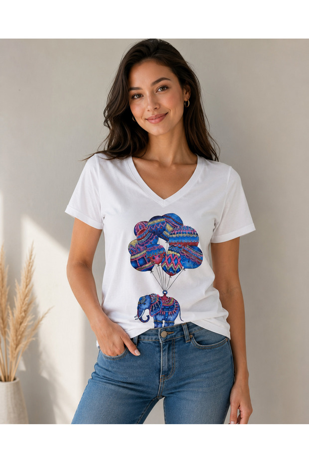Elephant and Balloon Printed White V-Neck Women's T-Shirt
