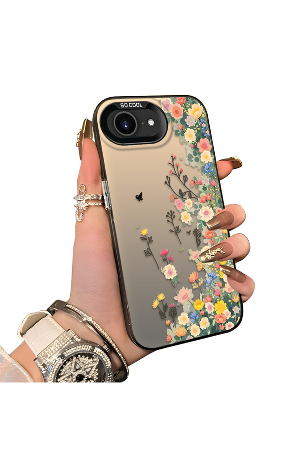 iPhone 16E Compatible Silicone Edge Hard Back Case Couple Phone Case with Floral Pattern