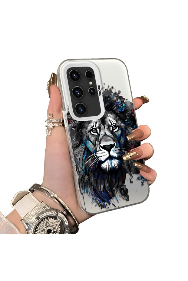 Samsung Galaxy S23 Ultra Compatible Silicone Edge Hard Back Case Couple Phone Case with Lion Pattern