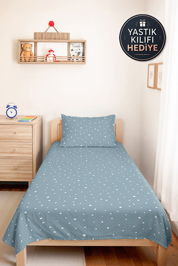 Blue Polka Dot Modern Youth Room Single Pique Set-Minimal 160X220Cm Quilted Bedspread