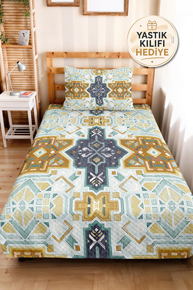 Turquoise Ethnic Geometric Single Pique Set - Bohemian Mustard Navy Blue 160X220 cm Bedspread