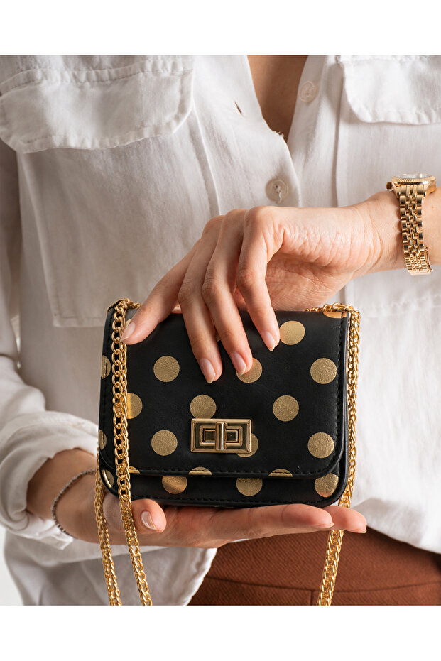Li̇nde Model Mini Black-Gold Dot Pattern Women's Hand and Shoulder Bag