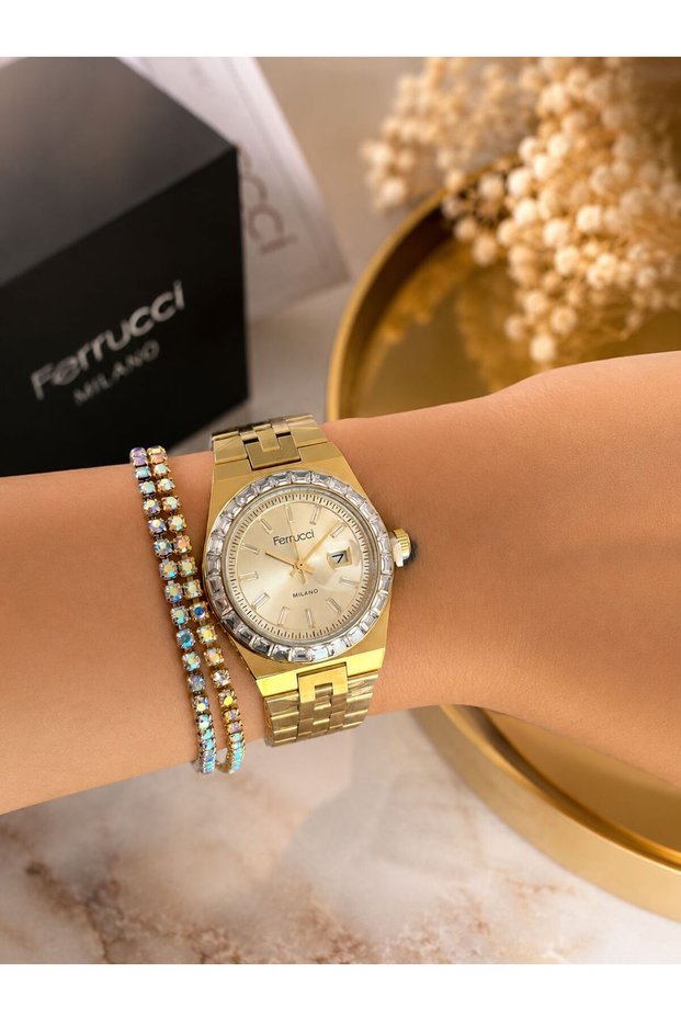 Gold Color Stone Detail Women's Wristwatch