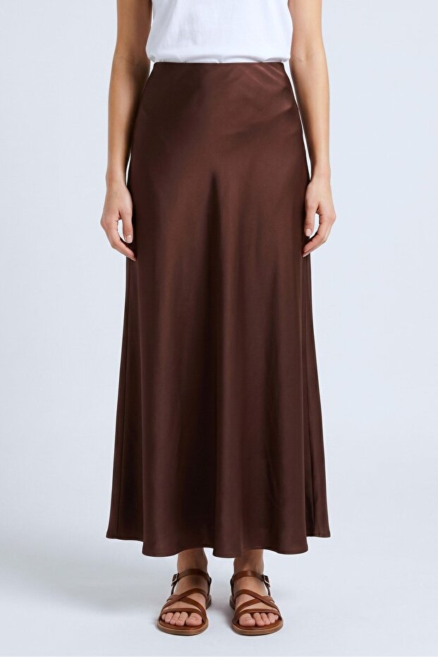 Brown Vereve Cut Draped Luxurious Satin Skirt