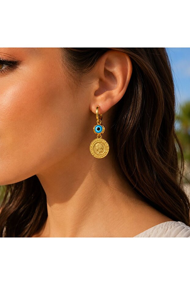 Steel Evil Eye Beaded Antique Medallion Hoop Earrings